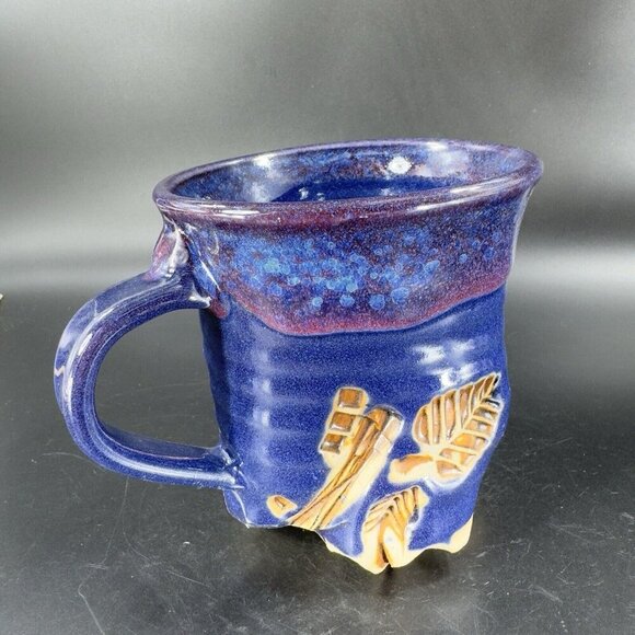 Hand Made Abstract Coffee Mug Cup Cobalt Blue Pottery Mug Artist Signed Bottom - Picture 13 of 16